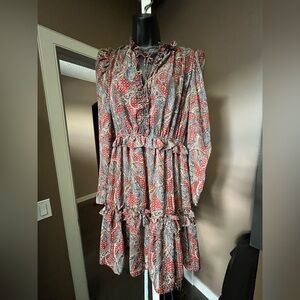 Buffalo David Bitton Brown Red and Gray Long Sleeve Dress